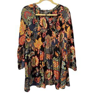 Ninety Clothing Co Boho Floral Print Tunic Top Sz 2X Black/Multicolor Long Sleev